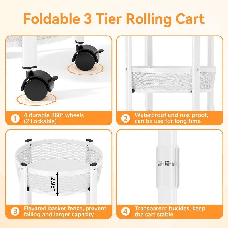 TOOLF 3-Tier Foldable Rolling Cart, Collapsible Metal Utility Cart with Wheels, No Assemble, Multifunction Storage Organizer Trolley for Kitchen, Bathroom, Dorm, Nursery, White - Image 4