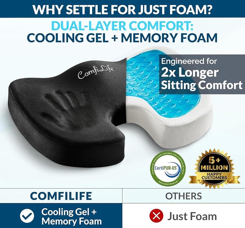 ComfiLife Gel Enhanced Seat Cushion - Non-Slip Orthopedic Gel & Memory Foam Coccyx Cushion for Tailbone Pain - Office Chair Car Seat Cushion - Sciatica & Back Pain Relief (Black) - Image 2