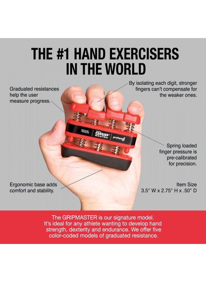 PROHANDS Gripmaster Hand Exerciser, Finger Exerciser (Hand Grip Strengthener), Spring-Loaded, Finger-Piston System, Isolate and Exercise Each Finger, (7 lb Medium Tension, Red-Gripmaster)