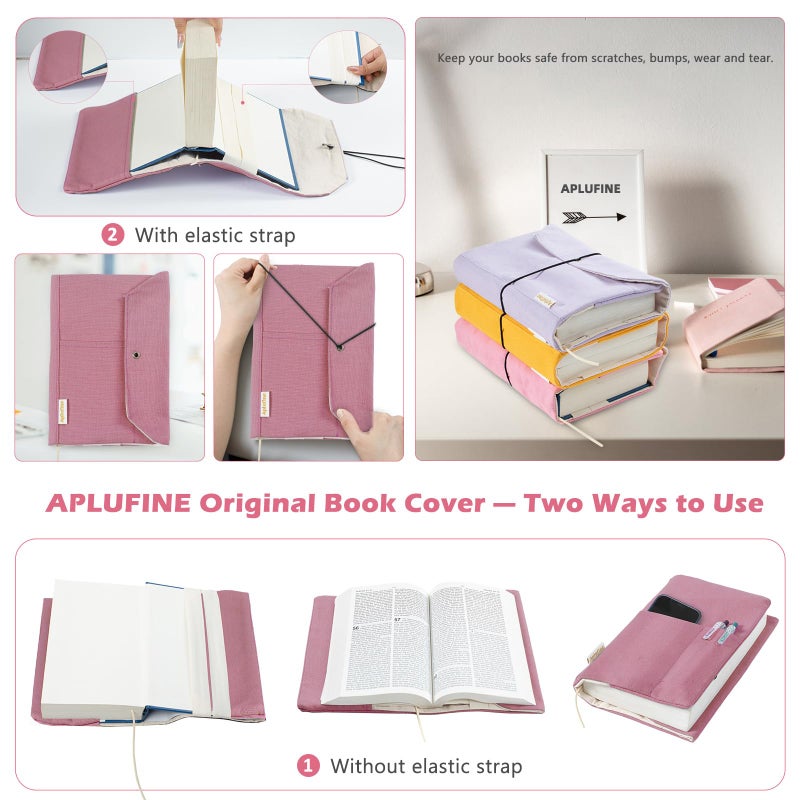 Aplufine Canvas Book Covers, Washable Protector for Paperback Novels, Adjustable Cover for Hardcover With Pockets for Pen, Soft Cover Books, Lovers Gifts - Image 4