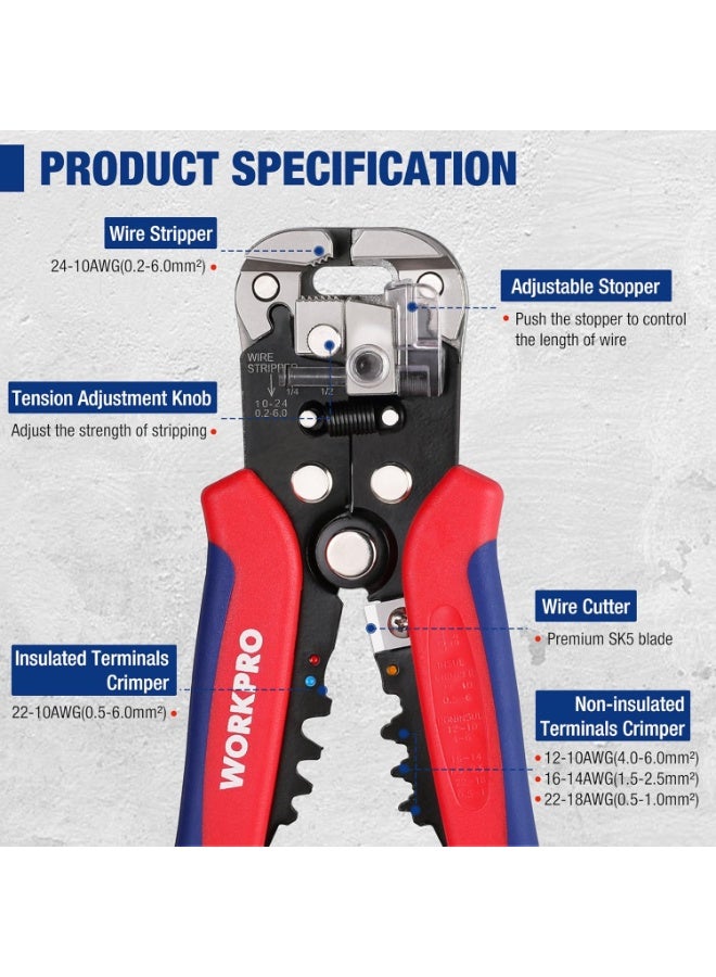 WORKPRO Automatic Wire Strippers, 3 in 1 Wire Cutters, Electrical Terminal Crimper, Automatic Stripping Pliers AWG 24-10 (0.2-6.0 mm²) for Wire Stripping, Cutting, Crimping - Image 3