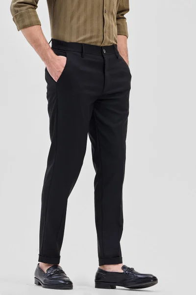 SNITCH Black Stretch Slim Fit Trousers