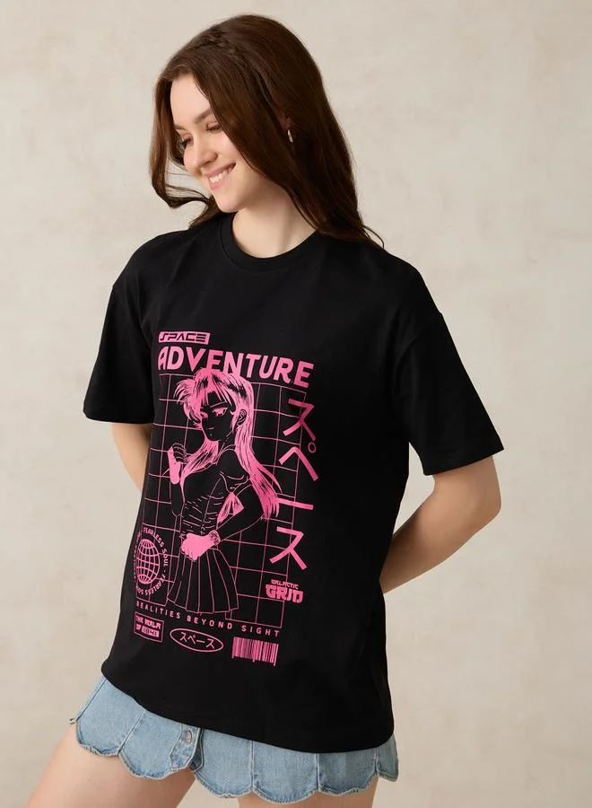 OUTZIDR Black Graphic Oversized T-Shirt