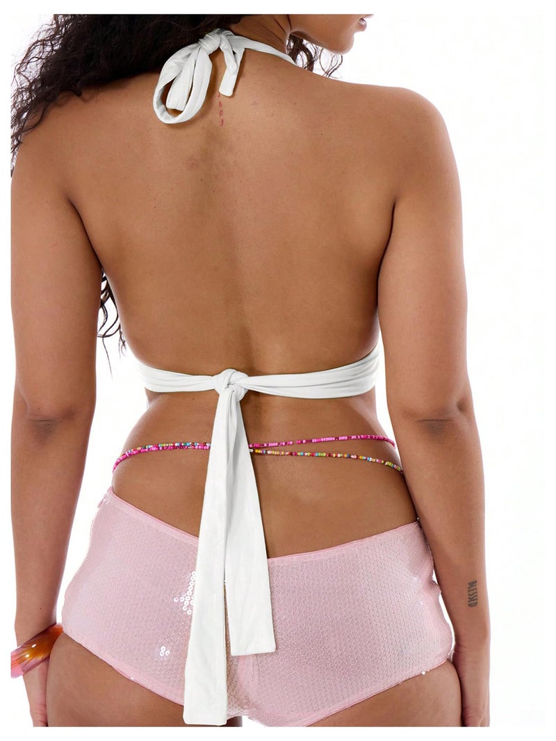 Floerns Women's Y2k Going Out Clubwear Halter Top Tie Backless Draped Cowl Deep V Neck Ring Top Cut Out Party Halter Tops White Small - Image 2