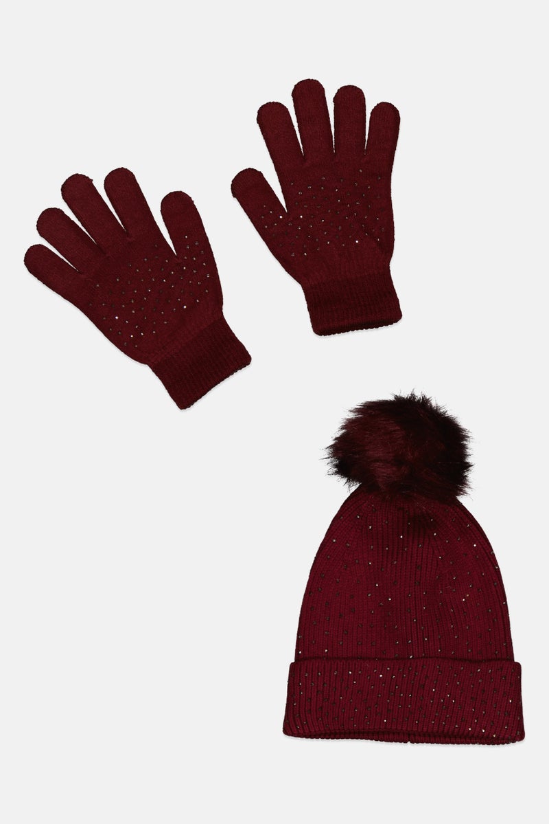 Daisy Fuentes Women 2 Piece Rhinestone Glove And Beanie  Set, Maroon - Image 1