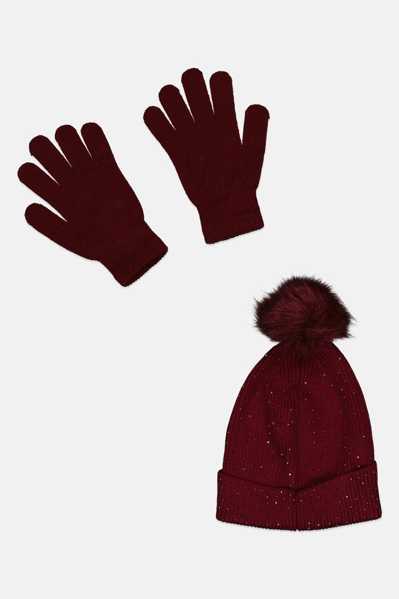 Daisy Fuentes Women 2 Piece Rhinestone Glove And Beanie  Set, Maroon - Image 2