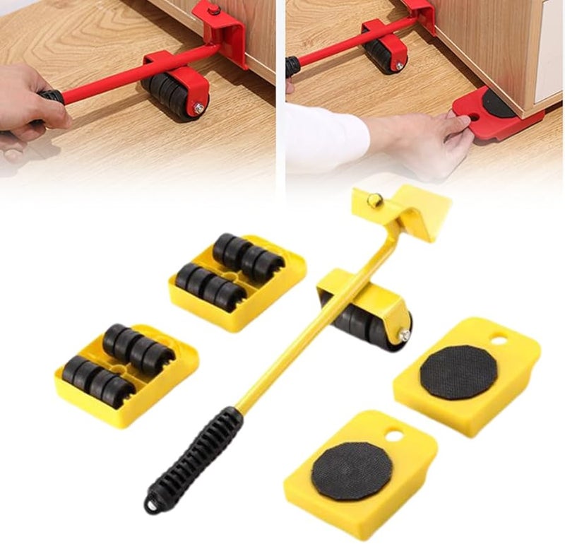 2024 Upgrade Heavy Duty Furniture Lift Mover Tool Set Adjustable Height Lever 4 Wheels Yellow 1PCS - Image 1