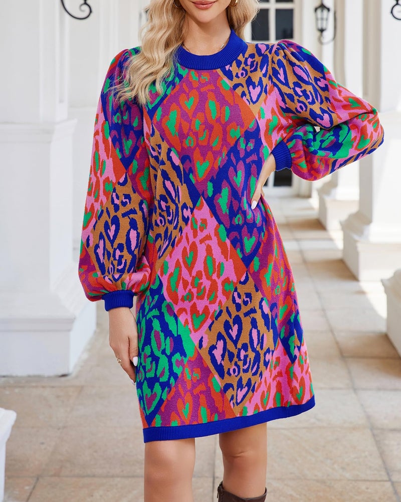 Kedera Mixed Leopard Pop Sweater Dress for Women Colorblock Balloon Sleeve Old Money Knit Sweater Tops - Image 3