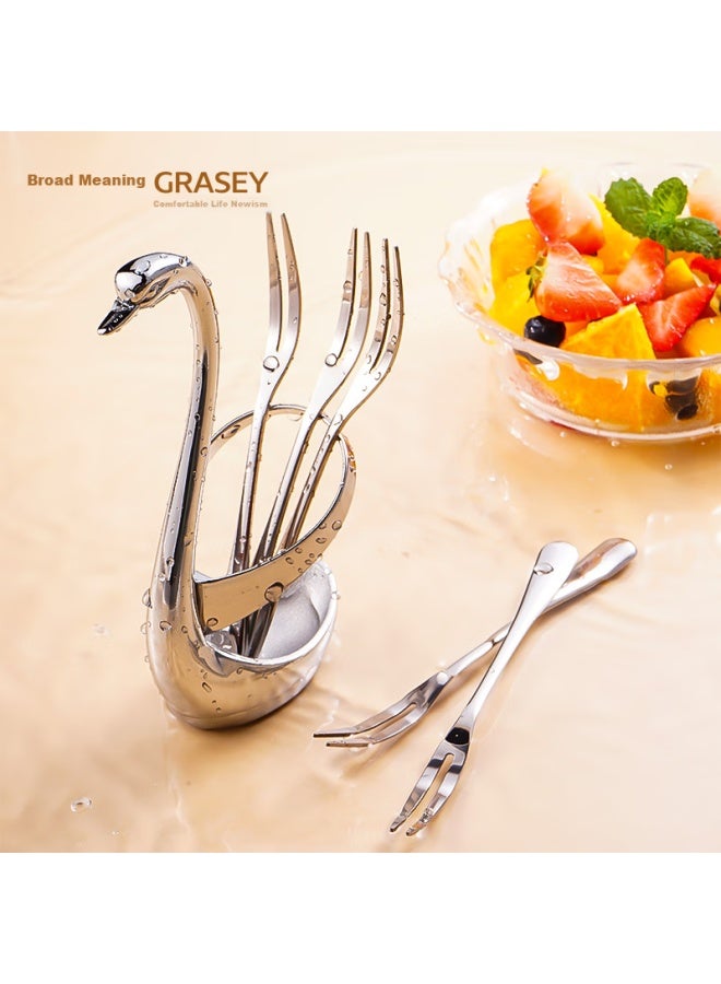 GRASEY Guangyi Stainless Steel Fruit Forks, Dessert Forks For Cake And Mooncake, Creative Swan-shaped + Small Forks, 5-piece Set, Gy7557 - Image 1