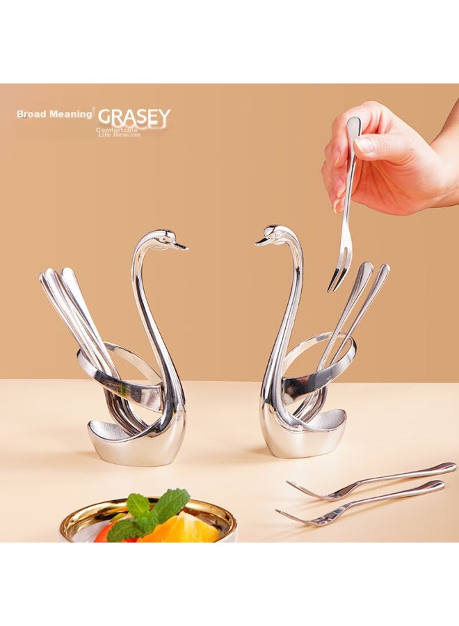 GRASEY Guangyi Stainless Steel Fruit Forks, Dessert Forks For Cake And Mooncake, Creative Swan-shaped + Small Forks, 5-piece Set, Gy7557 - Image 4
