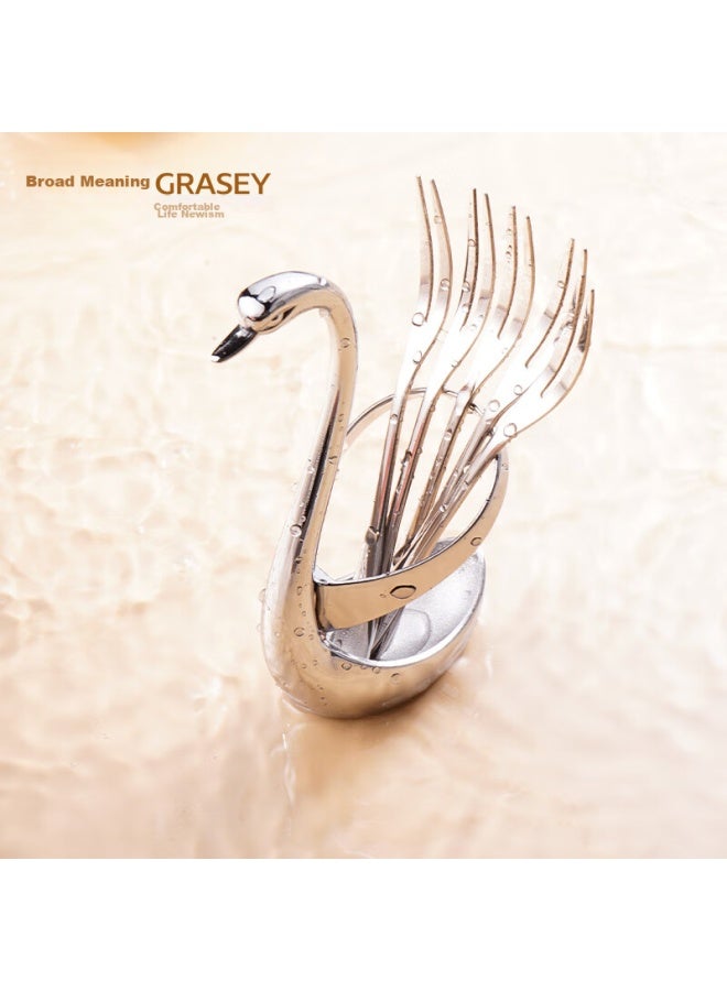 GRASEY Guangyi Stainless Steel Fruit Forks, Dessert Forks For Cake And Mooncake, Creative Swan-shaped + Small Forks, 5-piece Set, Gy7557 - Image 5