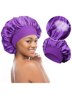 Kimaya Breathable Silk Bonnet for Sleeping, Large Satin Hair Bonnet for Men and Women, Wide Band Sleep Cap Purple  - Image 1