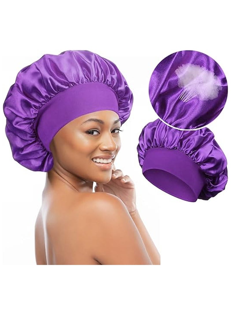 Kimaya Breathable Silk Bonnet for Sleeping, Large Satin Hair Bonnet for Men and Women, Wide Band Sleep Cap Purple  - Image 1