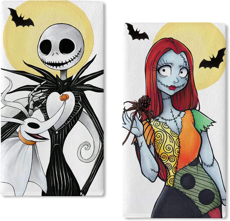 Seliem Halloween Jack Kitchen Dish Towels Set of 2 Spooky Sally Skull Ghost Moon Bat Hand Towels Drying Baking Cooking Cloth Funny Holiday Party Home Kitchen Decor 18 x 26 Inch - Image 1