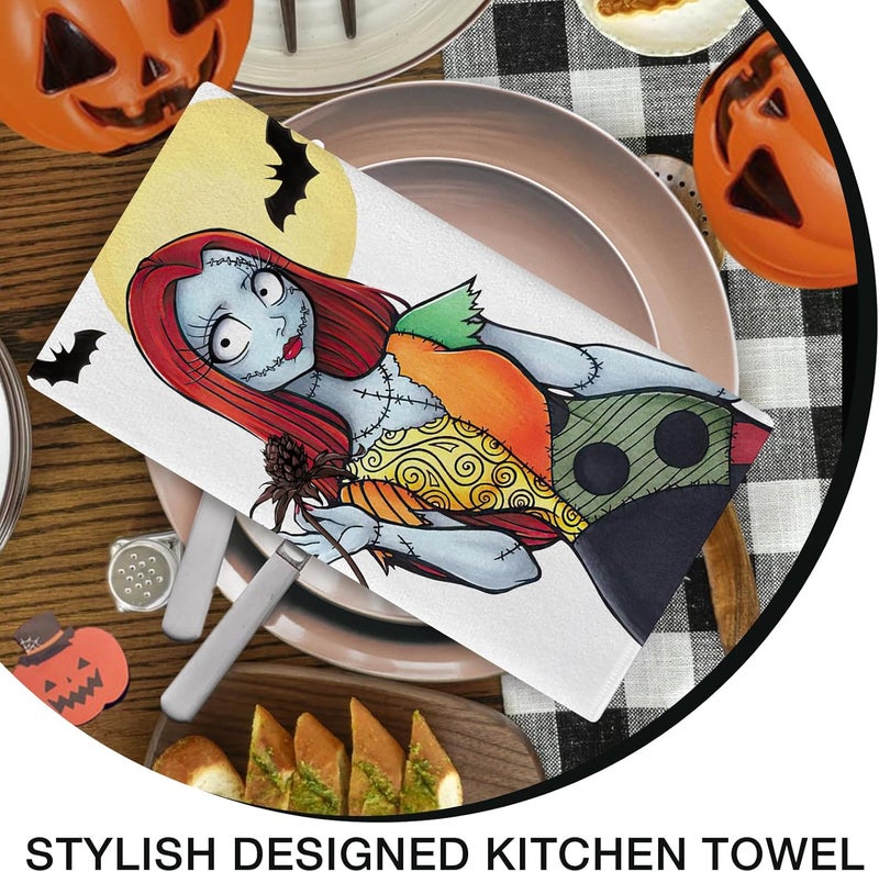 Seliem Halloween Jack Kitchen Dish Towels Set of 2 Spooky Sally Skull Ghost Moon Bat Hand Towels Drying Baking Cooking Cloth Funny Holiday Party Home Kitchen Decor 18 x 26 Inch - Image 5