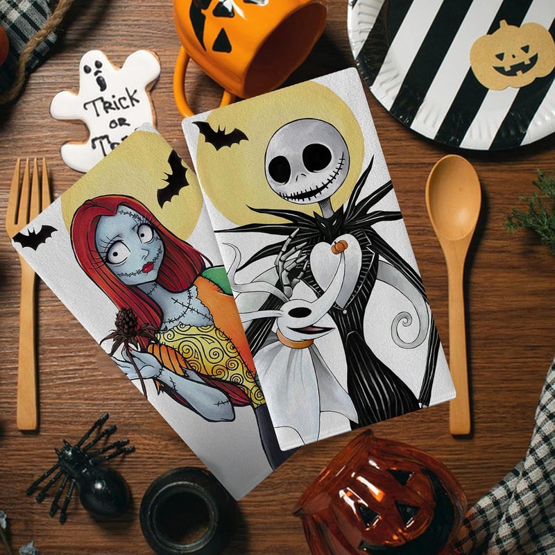 Seliem Halloween Jack Kitchen Dish Towels Set of 2 Spooky Sally Skull Ghost Moon Bat Hand Towels Drying Baking Cooking Cloth Funny Holiday Party Home Kitchen Decor 18 x 26 Inch - Image 4