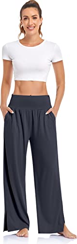UEU Womens Wide Leg Yoga Pants High Waisted Adjustable Tie Knot Joggers Casual Loose Plus Size Lounge Sweatpants with Pockets (Dark Gray, XL) - Image 2