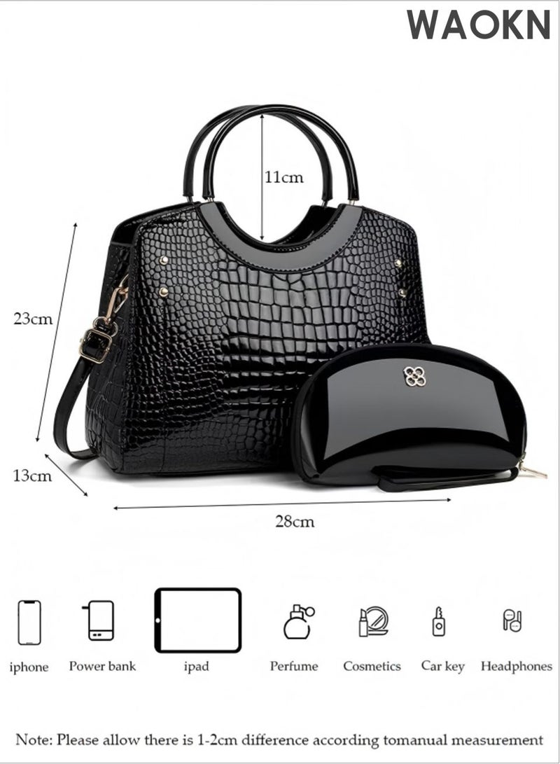 دبليو أيه أو كي أن طقم حقائب يد نسائية أنيقة مكون من قطعتين، حقيبة كتف وحقيبة يد من الجلد الصناعي بسعة كبيرة، حقيبة كلاتش، حقيبة سفر، حقيبة ماسنجر، حقيبة كروس بودي، حقيبة كتف مناسبة للنساء والرجال، للجنسين، لون أسود. - Image 4