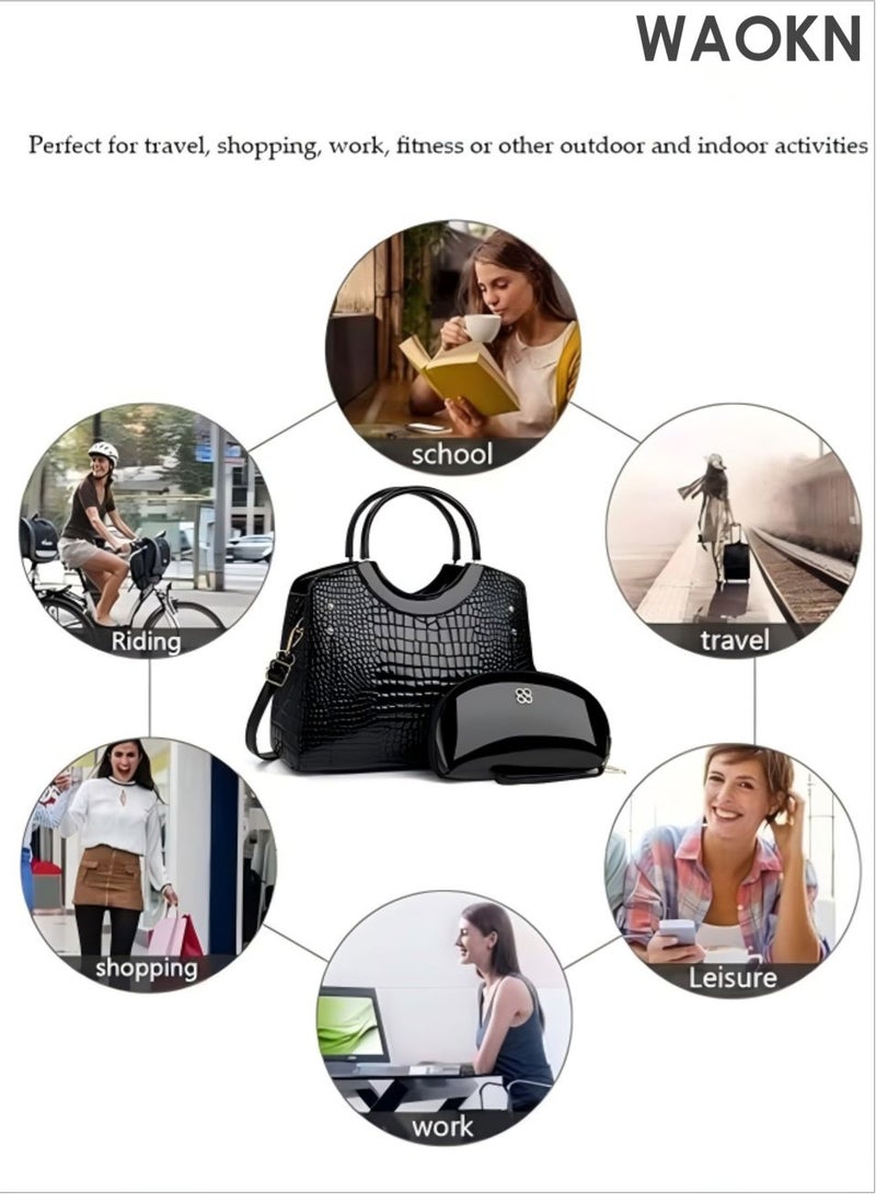 دبليو أيه أو كي أن طقم حقائب يد نسائية أنيقة مكون من قطعتين، حقيبة كتف وحقيبة يد من الجلد الصناعي بسعة كبيرة، حقيبة كلاتش، حقيبة سفر، حقيبة ماسنجر، حقيبة كروس بودي، حقيبة كتف مناسبة للنساء والرجال، للجنسين، لون أسود. - Image 2