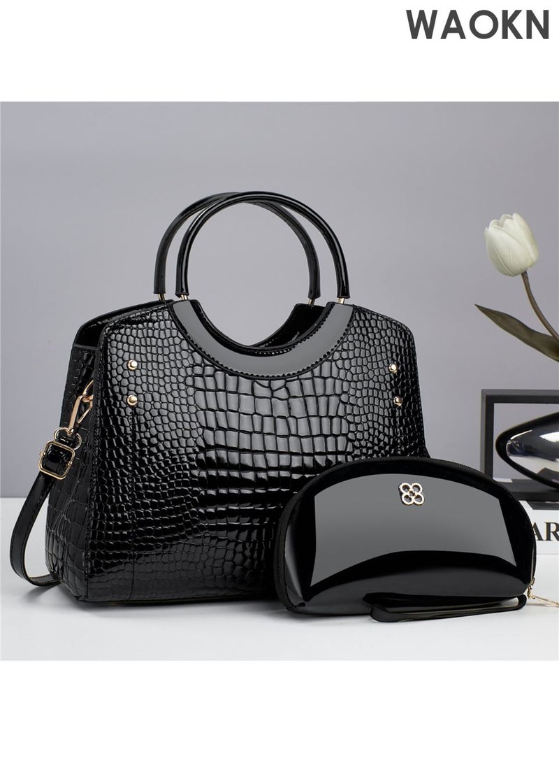 دبليو أيه أو كي أن طقم حقائب يد نسائية أنيقة مكون من قطعتين، حقيبة كتف وحقيبة يد من الجلد الصناعي بسعة كبيرة، حقيبة كلاتش، حقيبة سفر، حقيبة ماسنجر، حقيبة كروس بودي، حقيبة كتف مناسبة للنساء والرجال، للجنسين، لون أسود. - Image 5