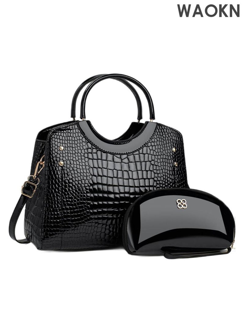 دبليو أيه أو كي أن طقم حقائب يد نسائية أنيقة مكون من قطعتين، حقيبة كتف وحقيبة يد من الجلد الصناعي بسعة كبيرة، حقيبة كلاتش، حقيبة سفر، حقيبة ماسنجر، حقيبة كروس بودي، حقيبة كتف مناسبة للنساء والرجال، للجنسين، لون أسود. - Image 1