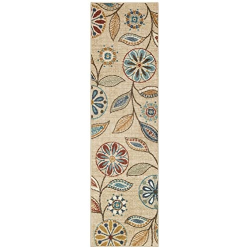 Maples Rugs Reggie Floral Runner Rug - Made in USA - Washable, Non Slip Indoor Carpet for Kitchen, Hallway, and Laundry Room, 2' x 7', Beige - Image 1