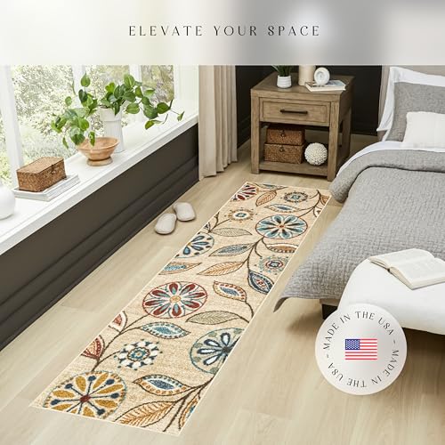 Maples Rugs Reggie Floral Runner Rug - Made in USA - Washable, Non Slip Indoor Carpet for Kitchen, Hallway, and Laundry Room, 2' x 7', Beige - Image 2