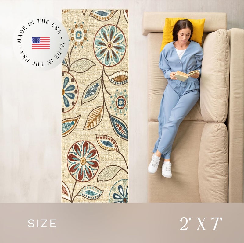 Maples Rugs Reggie Floral Runner Rug - Made in USA - Washable, Non Slip Indoor Carpet for Kitchen, Hallway, and Laundry Room, 2' x 7', Beige - Image 3