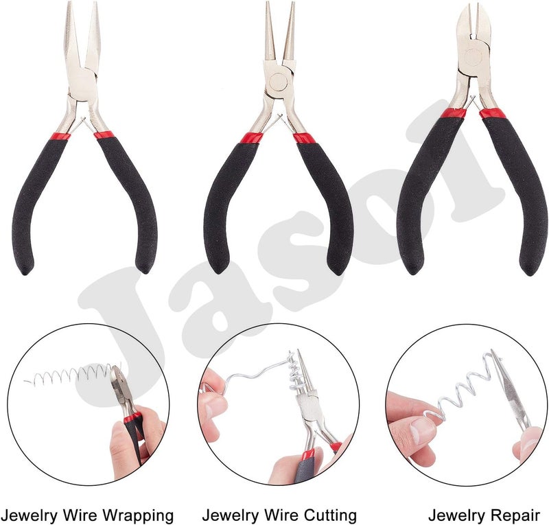 Jasol Jewellery Making Pliers Tools Flat Round Side Cutter Combo Tool Kit for Crafts DIY Making Supplies Wire Cutters and Wrapping Beading Purpose Pack of 3 Pliers, Black & Red - Image 3