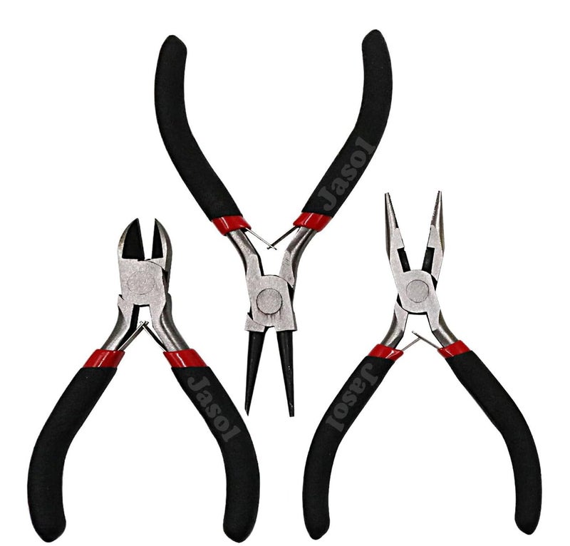 Jasol Jewellery Making Pliers Tools Flat Round Side Cutter Combo Tool Kit for Crafts DIY Making Supplies Wire Cutters and Wrapping Beading Purpose Pack of 3 Pliers, Black & Red - Image 1