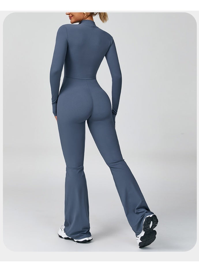 general Women's long-sleeved fitness yoga workout jumpsuit with zipper, flared pants, tight set - Image 2