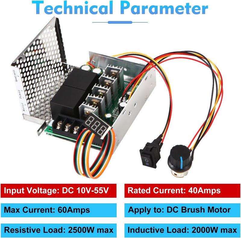 HARMNEE PWM DC Motor Speed Controller, DC 10-55V / Rated 40A, LED Display Stepless DC Motor Speed Controller with Adjustable Potentiometer and Forward-Brake-Reverse Switch - Image 3