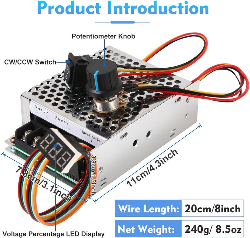 HARMNEE PWM DC Motor Speed Controller, DC 10-55V / Rated 40A, LED Display Stepless DC Motor Speed Controller with Adjustable Potentiometer and Forward-Brake-Reverse Switch - Image 5