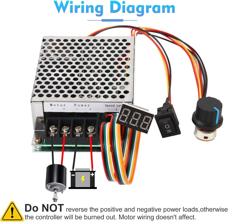 HARMNEE PWM DC Motor Speed Controller, DC 10-55V / Rated 40A, LED Display Stepless DC Motor Speed Controller with Adjustable Potentiometer and Forward-Brake-Reverse Switch - Image 4