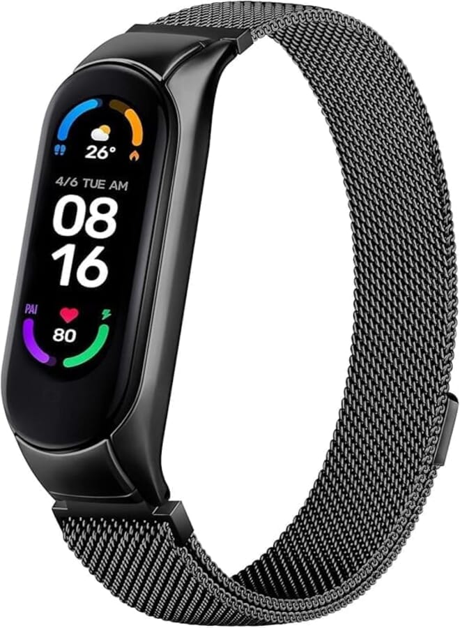 Next Next Store Metal Strap Compatible with Xiaomi Mi Band 5/6 / Amazfit Band 5/6 - Adjustable Stainless Steel Strap with Magnetic Clasp Breathable Black for Men Women