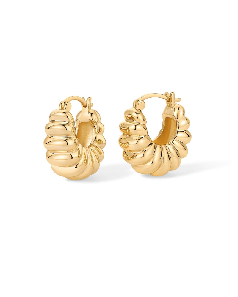 PAVOI 14K Yellow Gold Plated Chunky Croissant Ribbed Retro Hoop Earrings for Women | Gold Statement Earring Pair - Image 3