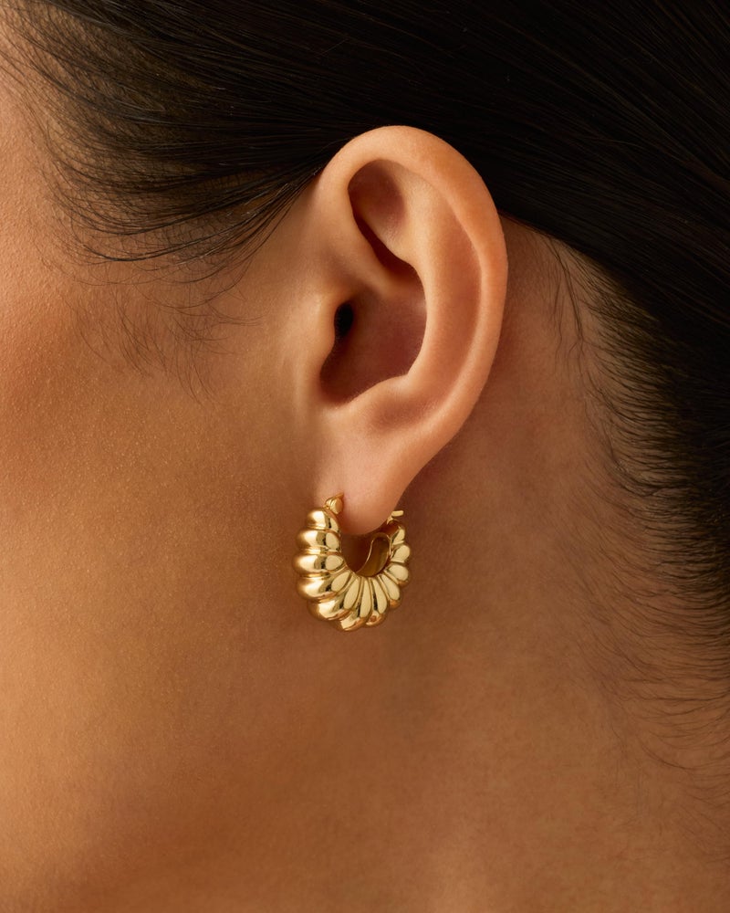 PAVOI 14K Yellow Gold Plated Chunky Croissant Ribbed Retro Hoop Earrings for Women | Gold Statement Earring Pair - Image 2