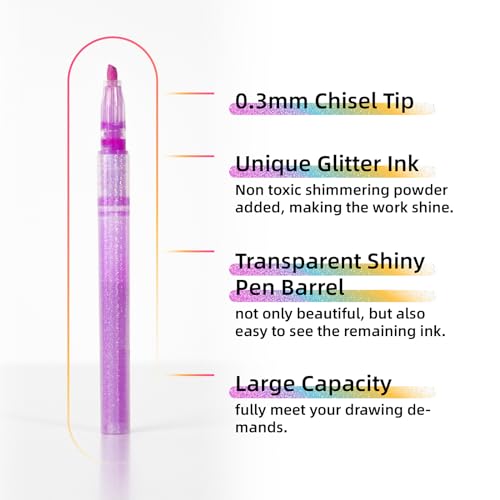 HANKU Glitter Highlighters, 16-Count, Chisel Tip Glitter Highlighters Assorted Colors, Sparkly Pastel Highlighter Markers for Adults Journaling Coloring Drawing Doodling - Image 4
