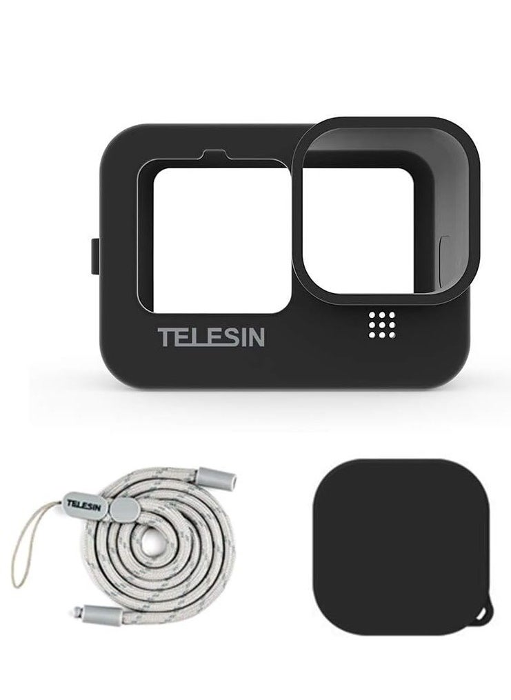 TELESIN Silicon Case for GoPro Hero 13 Hero 12 Hero 11 Hero 10 Hero 9 Black Action Camera with Lens Cap and Lanyard (Black)