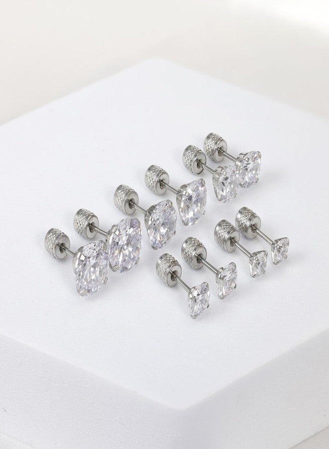 Yetonload Women's Hypoallergenic Stainless Steel Cubic Zirconia Earrings Studs Set Multi-Pack, CZ Stud Earrings for Men 5 pairs 4-8mm (B-Silver) - Image 4
