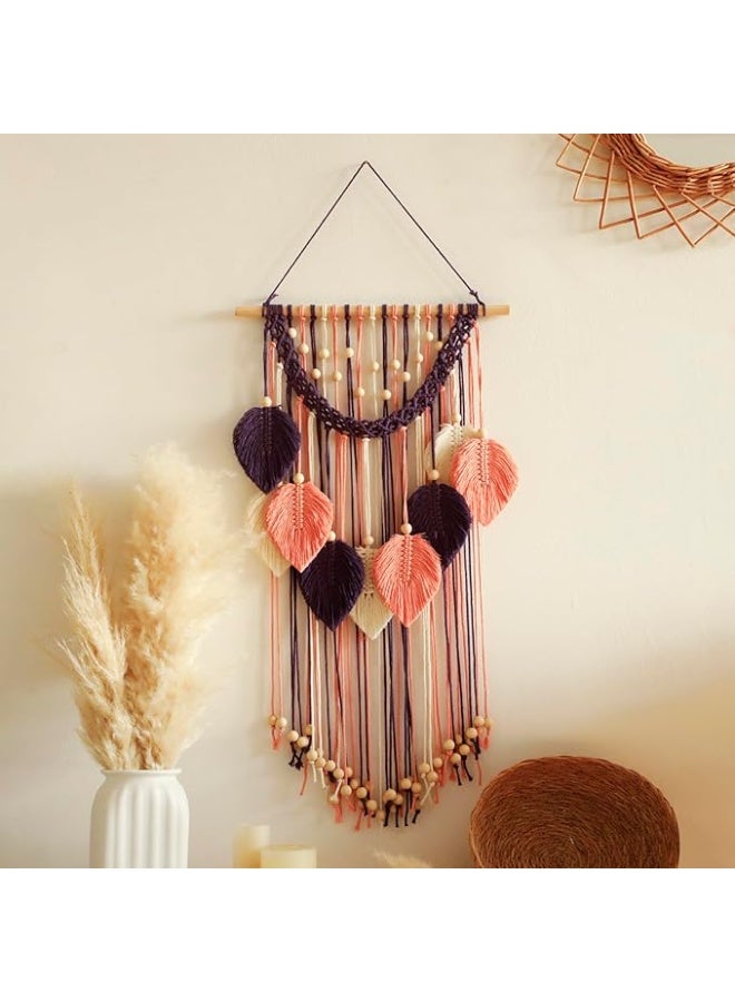 انتيكيانو مكرمية للتعليق على الحائط - نسيج حائط مصنوع يدويا شكل ورقة شجر ديكورات بوهو لغرفة النوم وغرفة المعيشة والحمام ديكور غرفة ترابي جمالي الزفاف عيد ميلاد للنساء والفتيات خشب أرجواني - Image 1