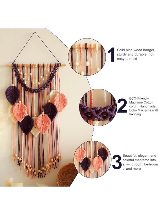 انتيكيانو مكرمية للتعليق على الحائط - نسيج حائط مصنوع يدويا شكل ورقة شجر ديكورات بوهو لغرفة النوم وغرفة المعيشة والحمام ديكور غرفة ترابي جمالي الزفاف عيد ميلاد للنساء والفتيات خشب أرجواني - Image 3