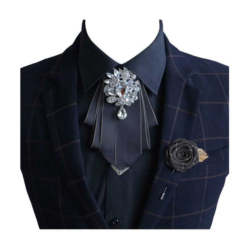 MOHSILY Men's Set of 2 PCS Vintage Brooch Pin Dark Grey Bowtie Wedding Party for Men Bowknot Pre Necktie Two Sets - Image 1