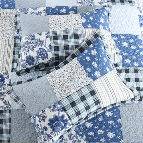 camandy Cotton Bedspread Quilt Bedding Sets 3 Pieces Reversible Coverlet Sets Comforters Rustic Floral Patchwork Blue White Bedspread, King Size - Image 4