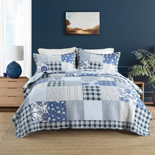 camandy Cotton Bedspread Quilt Bedding Sets 3 Pieces Reversible Coverlet Sets Comforters Rustic Floral Patchwork Blue White Bedspread, King Size - Image 1