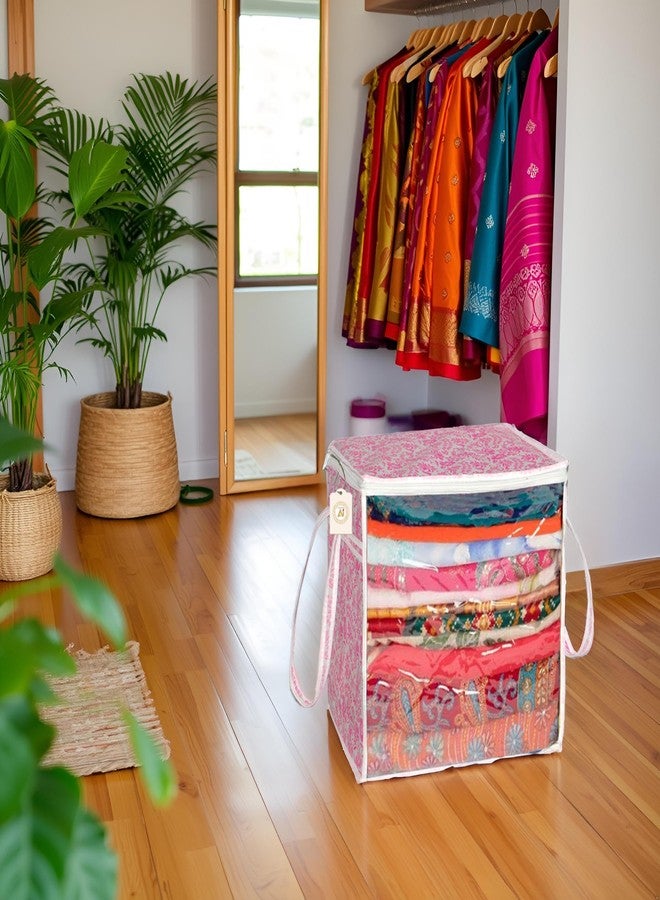 SHAPING FABRIC Pink Floral Fabric Saree Storage Bag with Transparent Front & Zipper Closure - Pack of 01 SF-SBB-1317 - Image 1