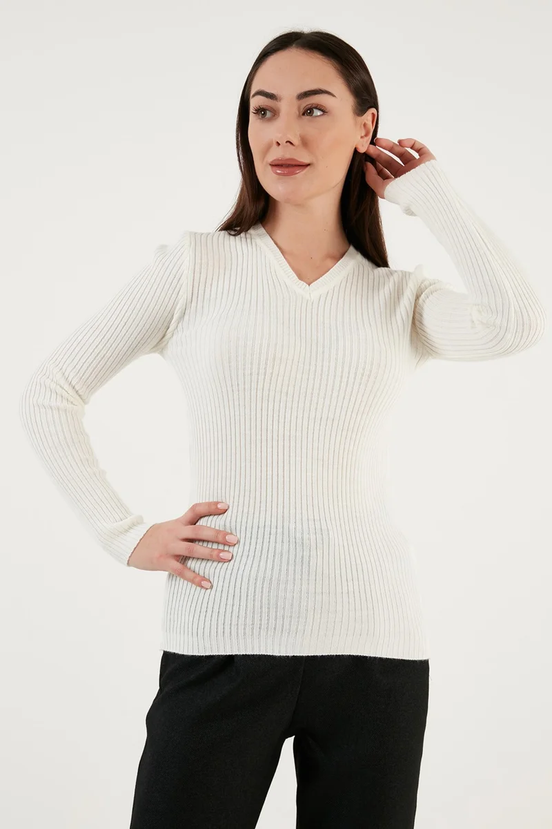 Fashion Friends Slim Fit V-Neck Ribbed Knitwear Sweater Women's Sweater 24K0289K1