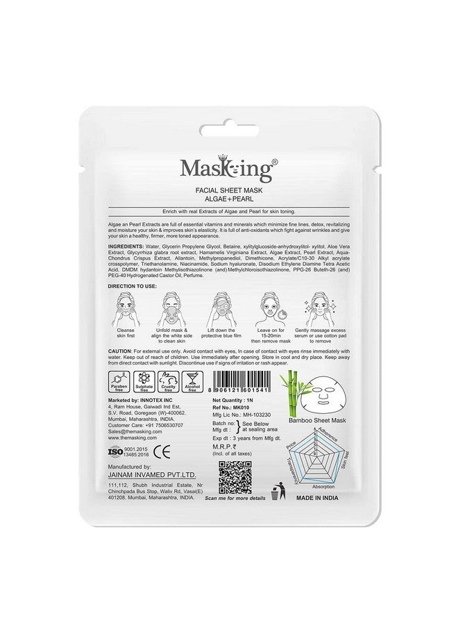 MasKing Bamboo Facial Sheet Mask of Algae & Pearl for Skin Toning Ideal for Women & Men, 20ml each (Pack of 4) - Image 5