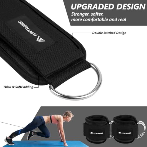 flintronic 2Pcs Ankle Straps for Cable Machine, Gym Cuffs with Double Stainless Steel D-Ring, Gym Ankle Cuff with Adjustable Neoprene Ve-lcro, Muscle Shaping for Men and Women - Black - Image 4