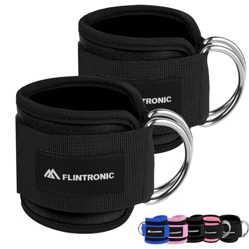 flintronic 2Pcs Ankle Straps for Cable Machine, Gym Cuffs with Double Stainless Steel D-Ring, Gym Ankle Cuff with Adjustable Neoprene Ve-lcro, Muscle Shaping for Men and Women - Black - Image 1